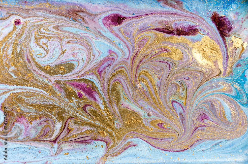 Blue, violet and gold marbling pattern. Golden marble liquid texture. Blue, violet and gold marbling pattern. Golden marble liquid texture.