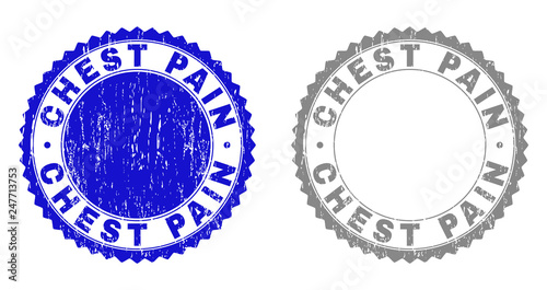 Grunge CHEST PAIN stamp seals isolated on a white background. Rosette seals with grunge texture in blue and gray colors. Vector rubber imitation of CHEST PAIN title inside round rosette.
