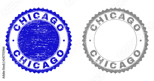 Grunge CHICAGO stamp seals isolated on a white background. Rosette seals with grunge texture in blue and gray colors. Vector rubber watermark of CHICAGO tag inside round rosette.