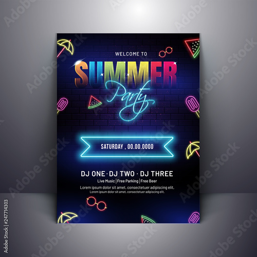 Summer party invitation poster design with neon effect on brick wall background.