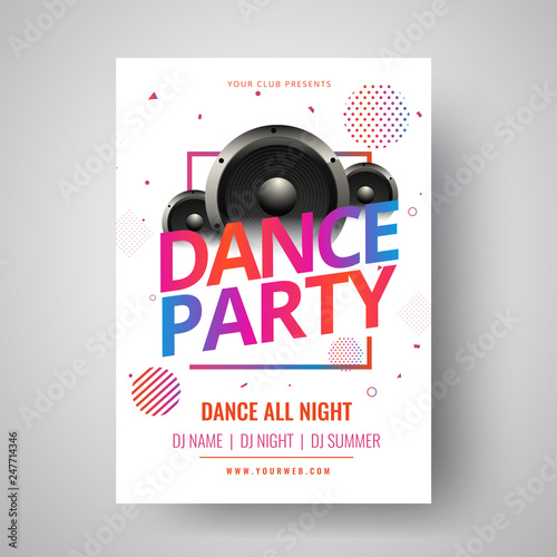 Colorful text dance party with illustration of woofer and abstract elements for music party flyer or club invitation card design.