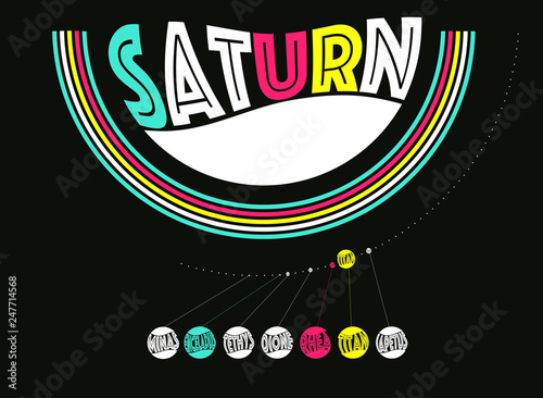 graphic planet Saturn and its moons in pop colors