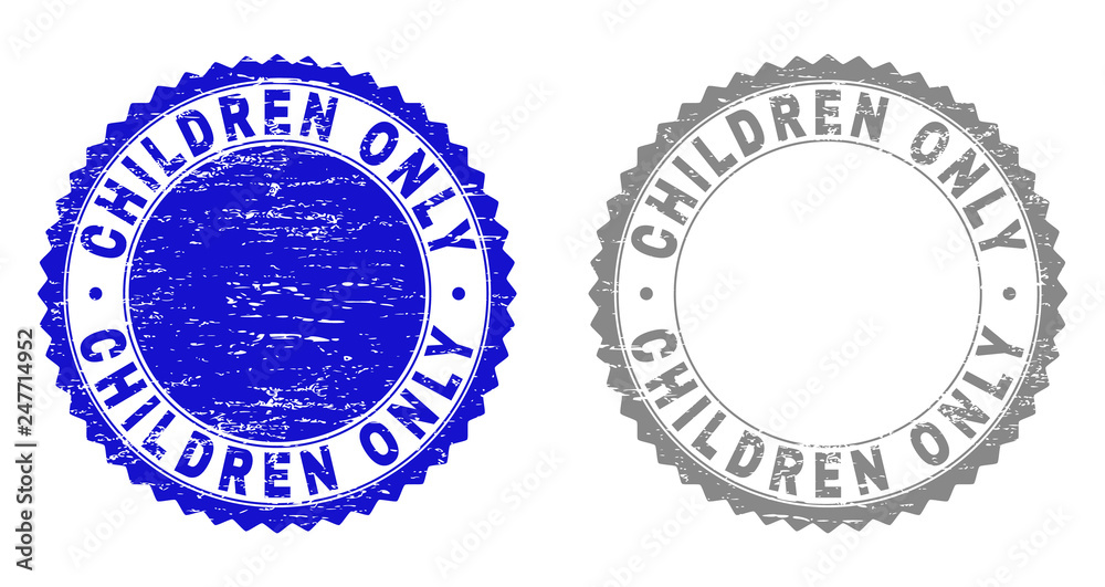 Fototapeta premium Grunge CHILDREN ONLY stamp seals isolated on a white background. Rosette seals with grunge texture in blue and grey colors. Vector rubber imprint of CHILDREN ONLY title inside round rosette.