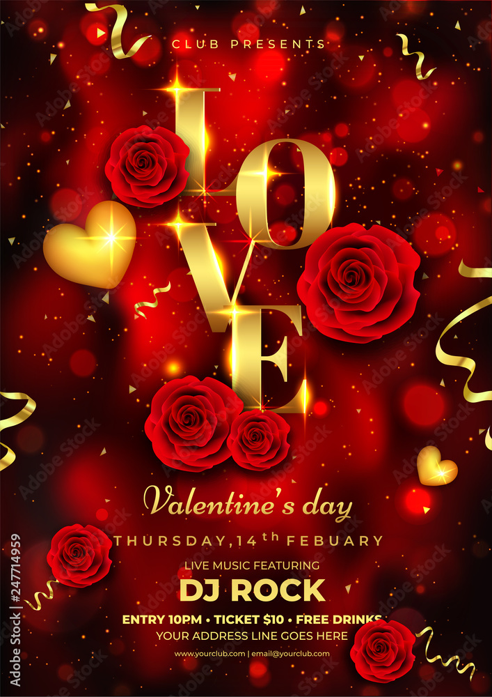 Shiny golden typography of love on red bokeh background decorated with rose flowers for Valentine's Day template or greeting card design.