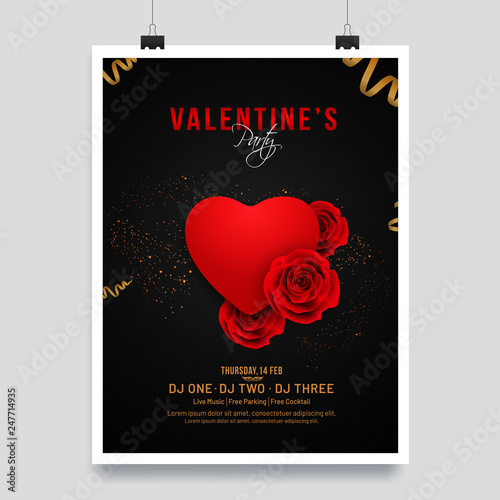 Glossy red heart shape and rose flower illustration on black background for Valentine's Day flyer or invitation card design.