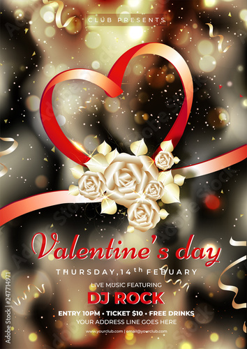 Creative heart shape with golden rose flower on bokeh background for Valentine's Day template or flyer design.