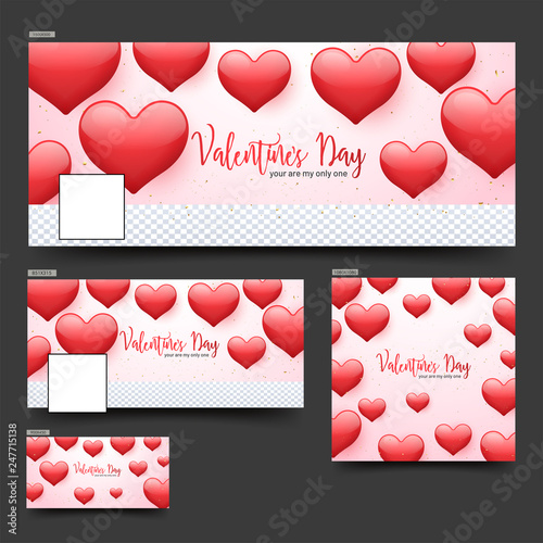 Valentine's Day social media header or banner set decorated with red heart shapes and space for your image.