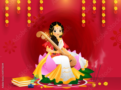 Beautiful greeting card design with goddess saraswati character in sitting pose on the occasion of Vasant Panchami.