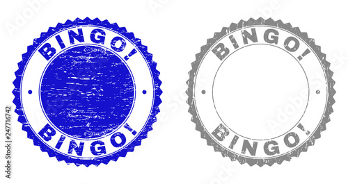 Grunge BINGO! stamp seals isolated on a white background. Rosette seals with grunge texture in blue and gray colors. Vector rubber imitation of BINGO! text inside round rosette.