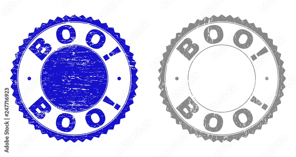 Grunge BOO! stamp seals isolated on a white background. Rosette seals with grunge texture in blue and gray colors. Vector rubber imprint of BOO! tag inside round rosette. Grunge BOO! stamp seals isolated on a white background. Rosette seals with grunge texture in blue and gray colors. Vector rubber imprint of BOO! tag inside round rosette.