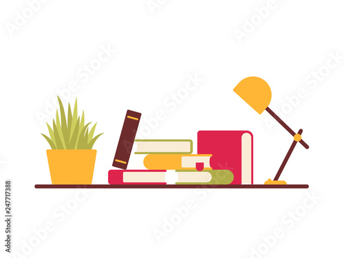 bookshelf design: stacks of books, a room flower and a lamp are located on it. Vector illustration isolated of white background