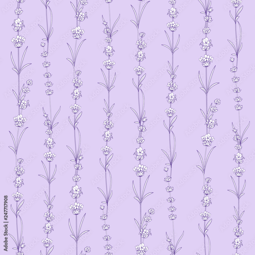 Seamless pattern of lavender flowers on a violet background. Tile pattern with Lavender for fabric swatch. Vector illustration.