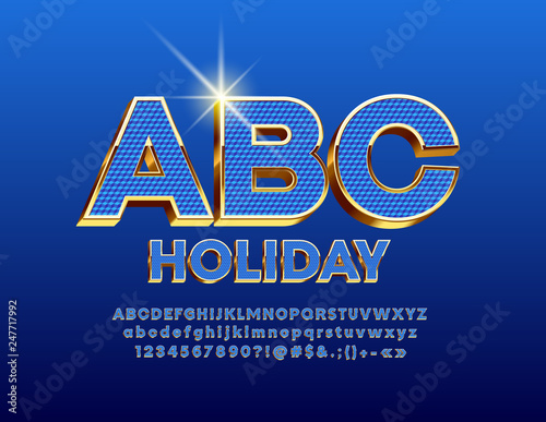 Vector luxury Gold and Blue Alphabet Letters, Numbers and Symbols. Chic royal Font. 
