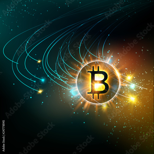 Shining bitcoin symbol with light splashes and sparks. Golden blockchain space concept. Cryptocurrency symbol illustration with peer to peer network background. Vector illustration.