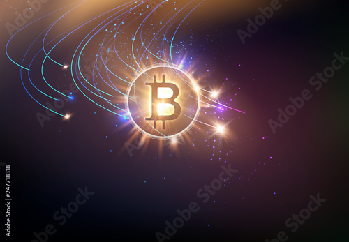 Shining bitcoin symbol with light splashes and sparks. Golden blockchain space concept. Cryptocurrency symbol illustration with peer to peer network background. Vector illustration.