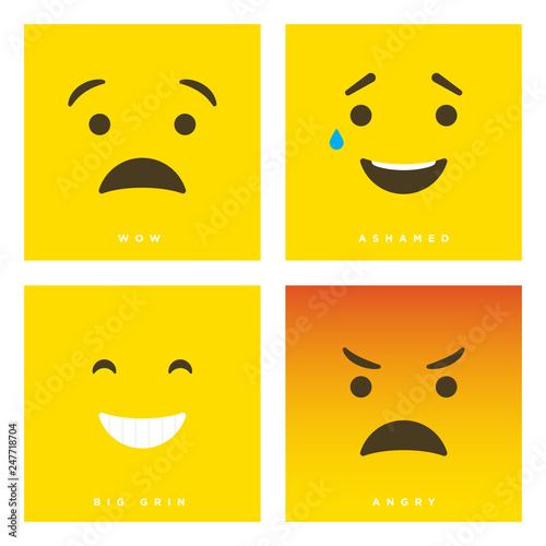 High quality vector cartoon set with wow, ashamed, big grin and angry emoticons with Flat Design Style, social media reactions - Vector EPS10