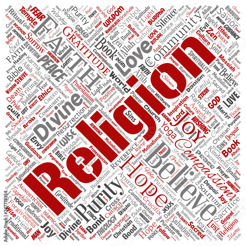 Vector conceptual religion, god, faith, spirituality square red  word cloud isolated background. Collage of worship, love, prayer, belief, gratitude, hope, divine, symbol,