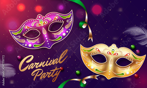 Golden and purple masks illustration on bokeh background for Carnival party celebration poster or banner design.