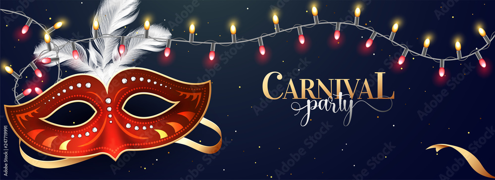 Carnival party header or banner design with illustration of party mask on blue background with illuminated decorative lights.