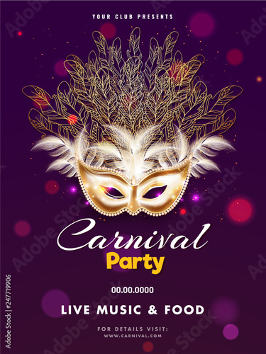 Realistic mask illustration on purple bokeh background for Carnival party template design.