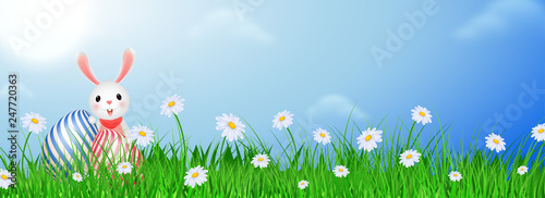 Illustration of bunny with easter egg on sunny weather background for Happy Easter header or banner design.