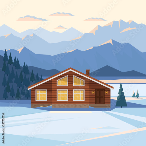 Winter mountain landscape with wooden house, chalet, snow, illuminated mountain peaks, hill, forest, river, fir trees, illuminated windows, sunset, dawn. Vector flat illustration. 