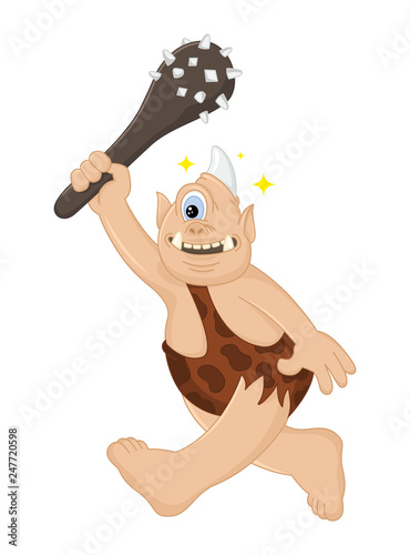 Funny cartoon vector Cyclops caveman with a cudgel hunts. Ancient mythical creature. Cute troll. Design for print, emblem, t-shirt, party decoration.