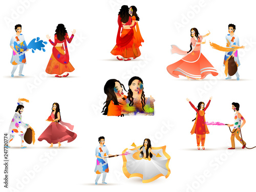 Indian festival of colors celebration concept  happy people character in different pose enjoying holi festival.