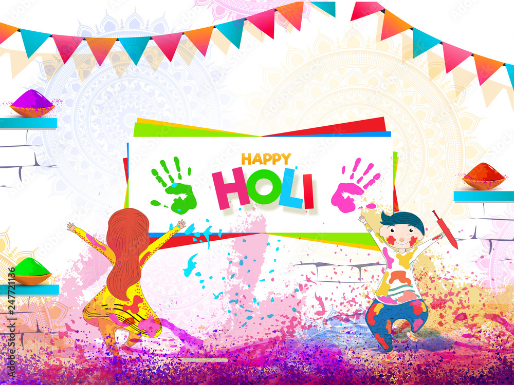 Cute kids playing with colours on occasion of Happy Holi celebration banner or poster design.