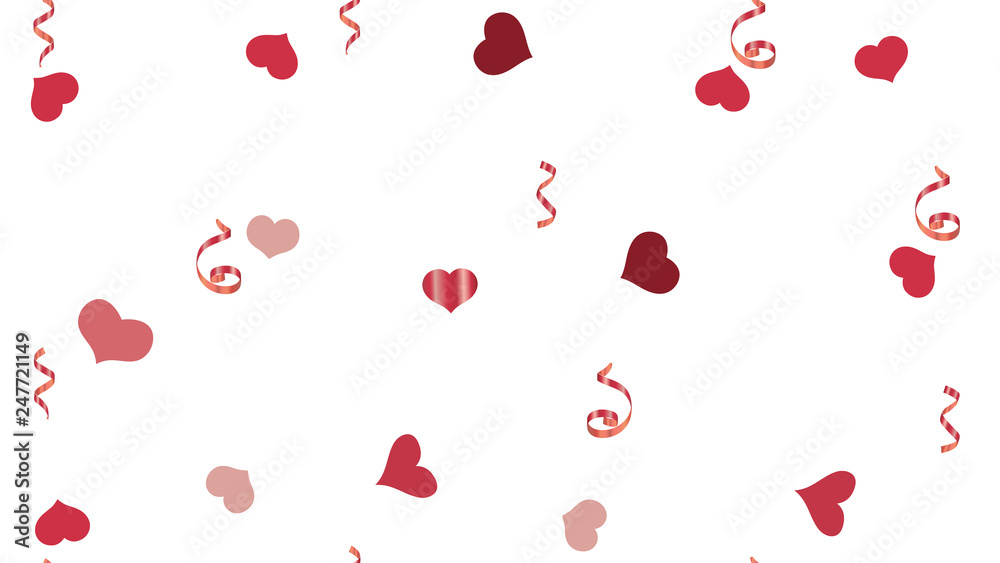 Flying Red confetti. Bright Pattern of Hearts and Serpentine. Vector Seamless Pattern on a White Background. The idea of packaging, textiles, wallpaper, banner, printing.
