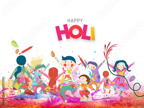 Happy Holi poster or banner design with illustration of happy kids character celebrating holi festival.