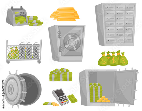 Flat vector set of bank icons. Banknote counter, gold bars, bags of money, safe door, deposit boxes. Financial theme