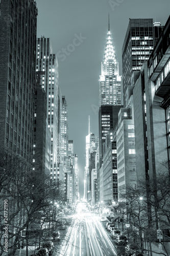 New York City at night - 42nd Street with traffic,  black and white toned photo