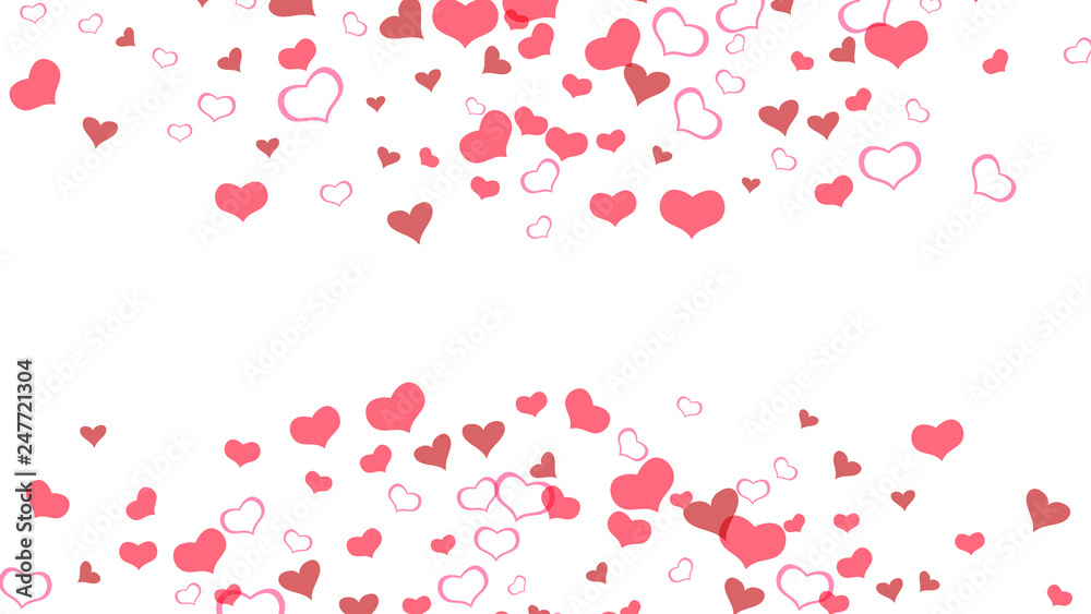 Part of the design of wallpaper, textiles, packaging, printing, holiday invitation for Valentine's Day. Red hearts of confetti crumbled. Red on White fond Vector. Stylish background.