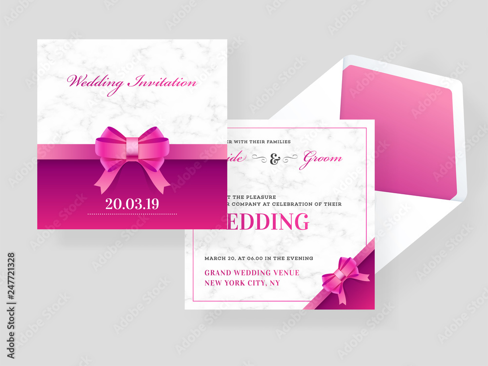 Wedding invitation card template with bow ribbon on marble texture background.
