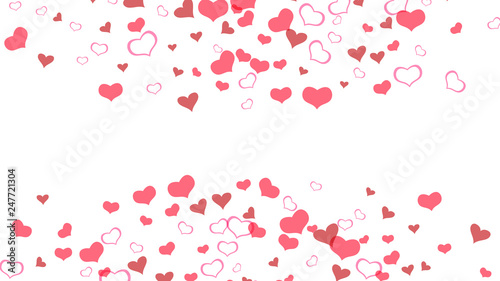 Part of the design of wallpaper, textiles, packaging, printing, holiday invitation for Valentine's Day. Red hearts of confetti crumbled. Red on White fond Vector. Stylish background.