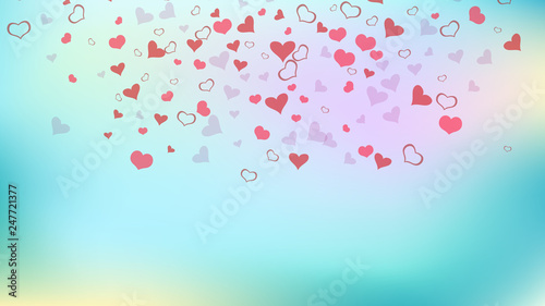 A sample of wallpaper design, textiles, packaging, printing, holiday invitation for Valentine's Day. Red on Gradient fond Vector. Red hearts of confetti are falling. Spring background.