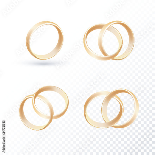 Wedding ring set of gold metal on transparent background.