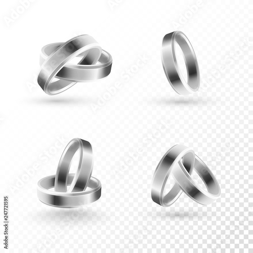 Wedding ring set of silver metal on transparent background.