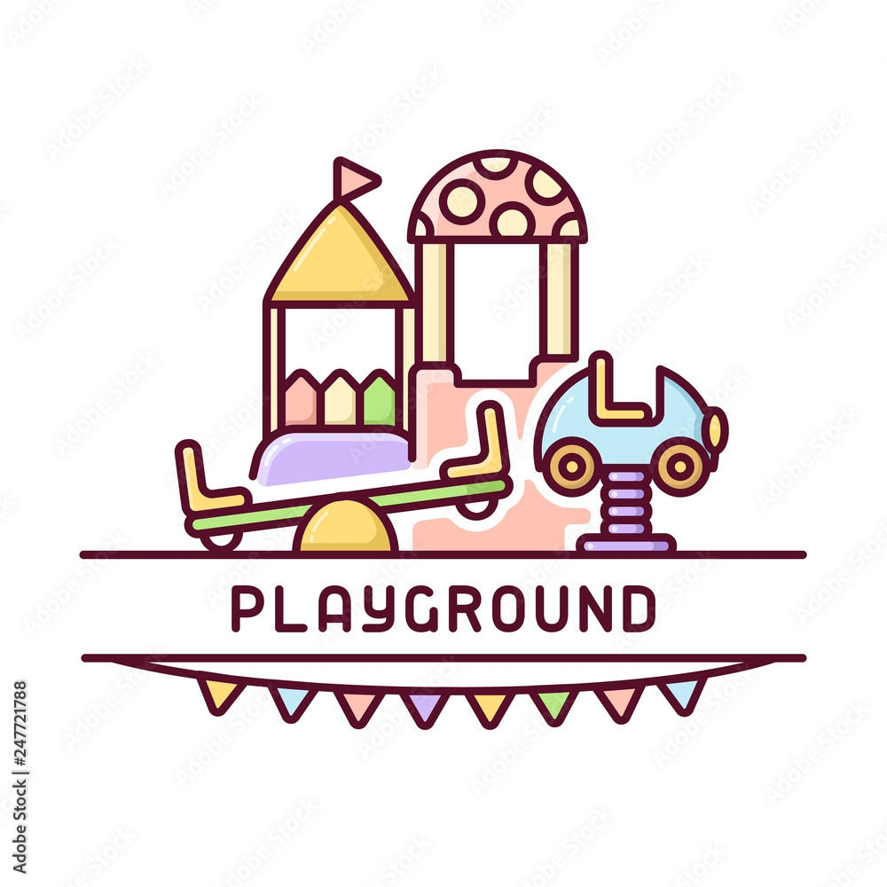 Playground kids card with rocker, swing and tower. Cartoon style vector illustration Playground kids card with rocker, swing and tower. Cartoon style vector illustration