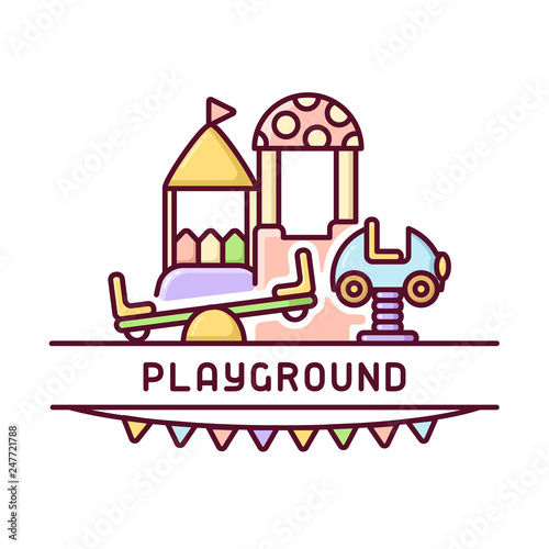 Playground kids card with rocker  swing and tower. Cartoon style vector illustration