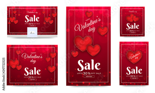 Social media header and template design with decorated with glossy heart shaped for Valentine's Day sale.