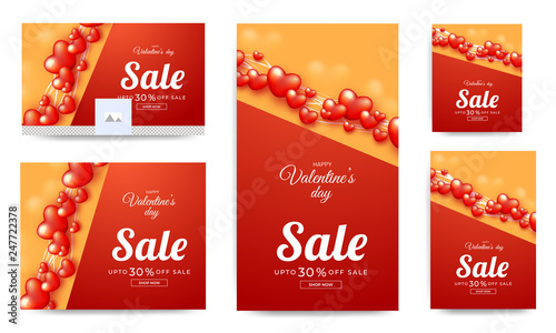 Tiny heart shapes decorated social media header and template design with 30% discount offer for Valentine's Day sale.