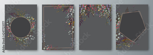 Set of four invitation or greeting card design decorated with flowers.