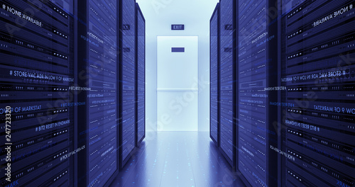 Modern Server Room Environment. Computer Racks All Around With Flying Texts. Technology Related 4K Cg Render.