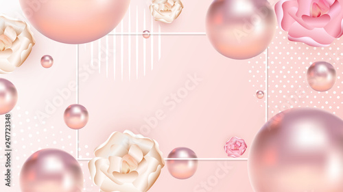 Close view of realistic pearls and flowers decorated on pink background with space for your text.