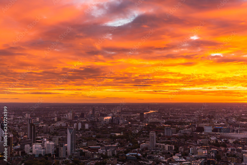 Beautiful Sunset and view of London Cityscape from the Shard Building 