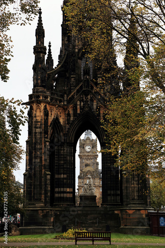 Scott Monument on Edinburgh's Princess Street, a Victorian Gothic monument to Scottish author Sir Walter Scott with clocktower at the center.
