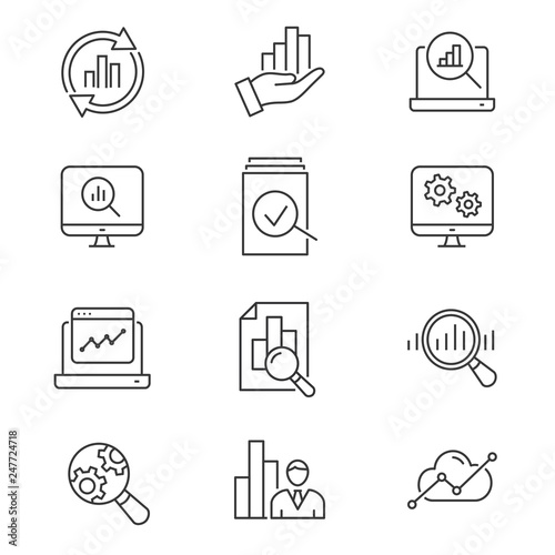 Data analysis line icons set. Black vector illustration. Editable stroke.
