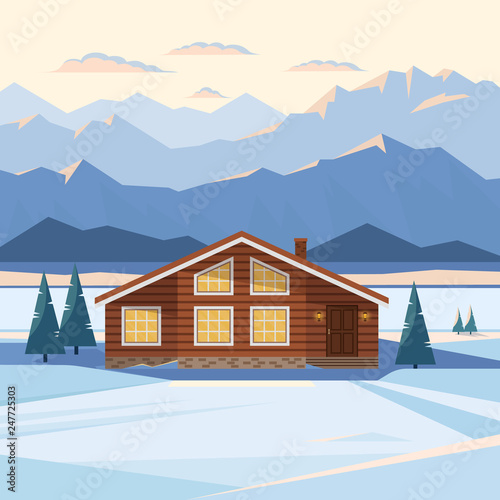 Winter mountain landscape with wooden house, chalet, snow, illuminated mountain peaks, river, fir trees, illuminated windows, sunset, dawn. Vector flat illustration. 